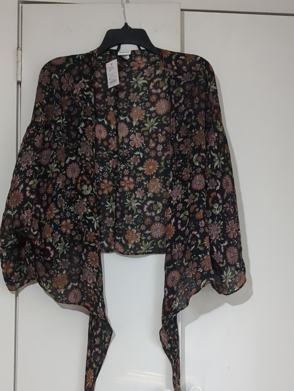 Sonoma Black Sheer Floral Tie-Front Blouse